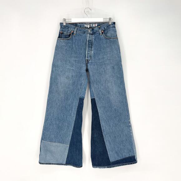 RE/DONE x Levi’s 70s Patchwork Mega Bell Bottom Jeans Blue Size 30 - Picture 2 of 7